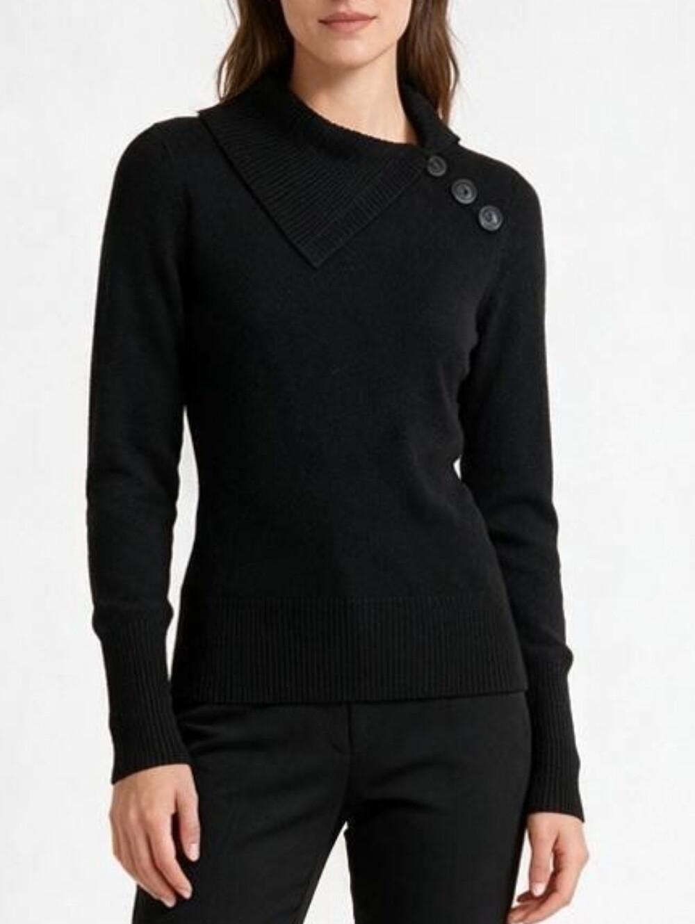 Takeout Black Asymmetrical Button Turtleneck Sweater